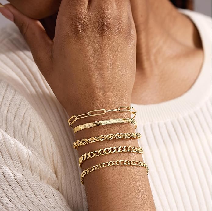 Gold Bracelets Set for Women Stack, Dainty Thick Bracelets Stack for Women Trendy, Simple Thin Gold Plated Cuff Stackable Bracelets With Beaded Cuban Paperclip Snake Rope Bangle Hand Chain Jewelry Gifts for Women Non Tainish