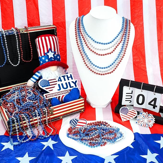 SHAOQINLIN 100 PCS Patriotic Bead Necklaces, 4th of July Accessories 33 Inch Metallic Red/Silver/Blue Beaded Necklace for Patriotic Day, Carnival Party Favor