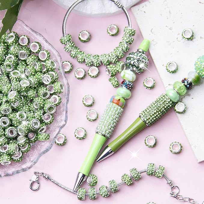 200Pcs Green Large Hole Rhinestone Beads, Round, Loose Beads, Craft Bead, DIY Bracelet Necklace Jewelry Making Supplies