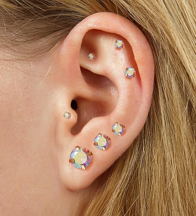 4Pairs AB Cubic Zirconia Earrings Studs Flat Back Earrings for Women 14K Gold CZ Flatback Stud Earrings Hypoallergenic Cartilage Nap Earrings