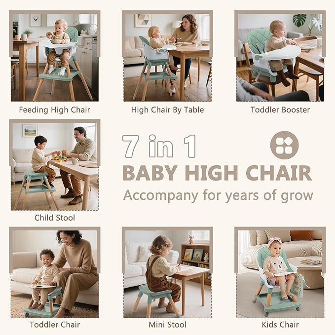 Kinder King 7 in 1 Baby High Chair for Babies and Toddlers with Large Storage Footrest, Booster Seat, Convertible Wooden High Chair with 3-Depth Double Dishwasher Safe Tray, 5 Point Harness, Green