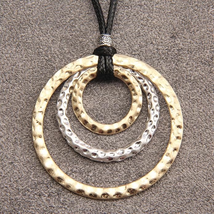 GelConnie Boho Necklaces for Women Vintage Silver Circles Long Pendant Necklace Cowgirl Sweater Necklace Adjustable Leather Choker Necklace for Women