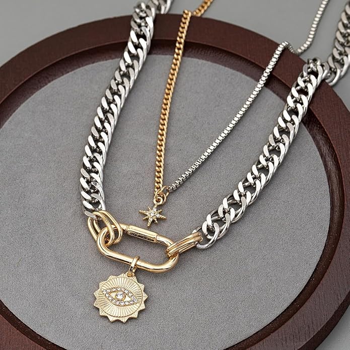 Gold Layered Necklaces for Women, 2PCS/3PCS Mixed Metal Necklace Set with Gold and Silver Necklace Chains with Evil Eye, Star & Spike Charms, Chunky Necklaces for Women & Necklace Stack Trendy Pendant Jewelry Birthday Valentines Day Gifts for Her