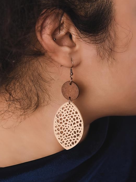 MINACHI Bohemian Hollow Cut-Out Wood Leather Dangle Drop Earrings, Boho Chic Hippie Statement Jewelry Gift for Women