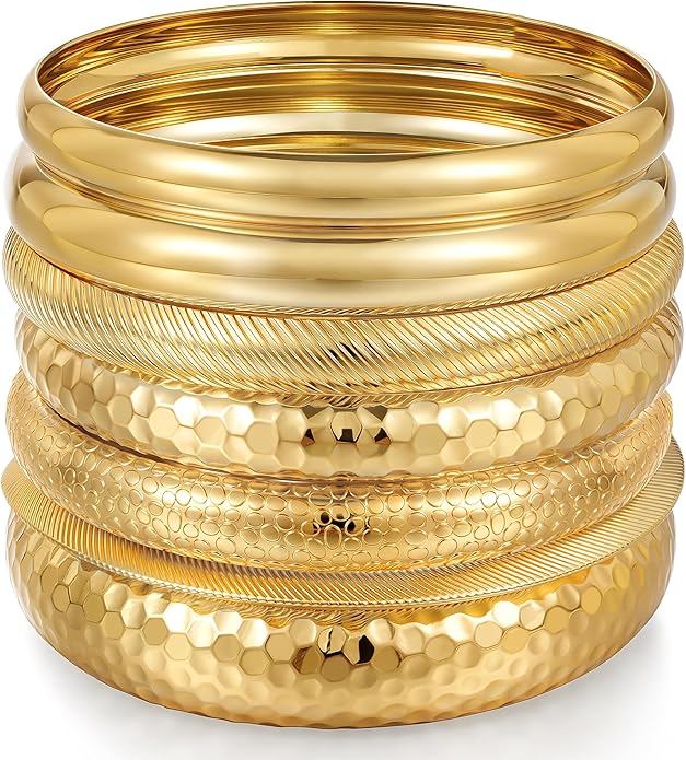 Chunky Gold Bangle Bracelets for Women, Dainty 14k Gold Plated Big Stackable Bangles Set, Trendy Statement Cuff Bracelet Stack Fashion Jewelry Christmas Gifts