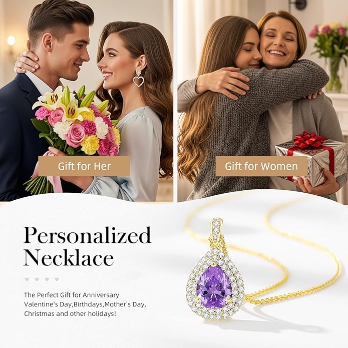 Valentine's Day Gift for Wife/Her-18K Gold Plated Teardrop Birthstone Necklace- with Light-Up Gift Box,Jewelry for Women,Anniversary Birthday Gifts for Women Her Wife Girlfriend Mom,Womens Jewelry