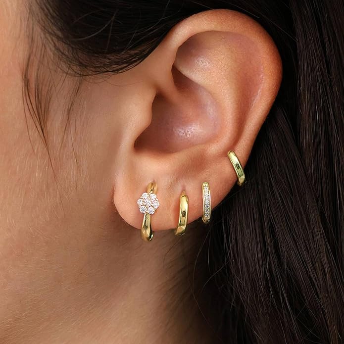4Pairs Statement Gold Hoop Earrings for Women Trendy,Surgical Steel Gold Plated Hoop Hypoallergenic Earrings Set,Titanium Hoops Earring Stacks,CZ Cartilage Huggie Hoops Earring Gifts for Girlfriend