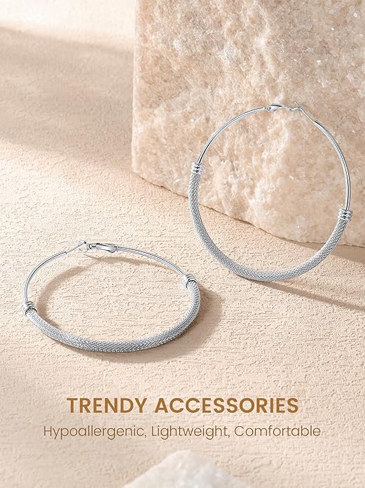KeyStyle Mesh Hoop Earrings for Women, Stainless Steel Gold Hoops Earring Lightweight Loops, 2MM Thick Hypoallergenic Circle Endless Hollow Hoop 20mm-80mm