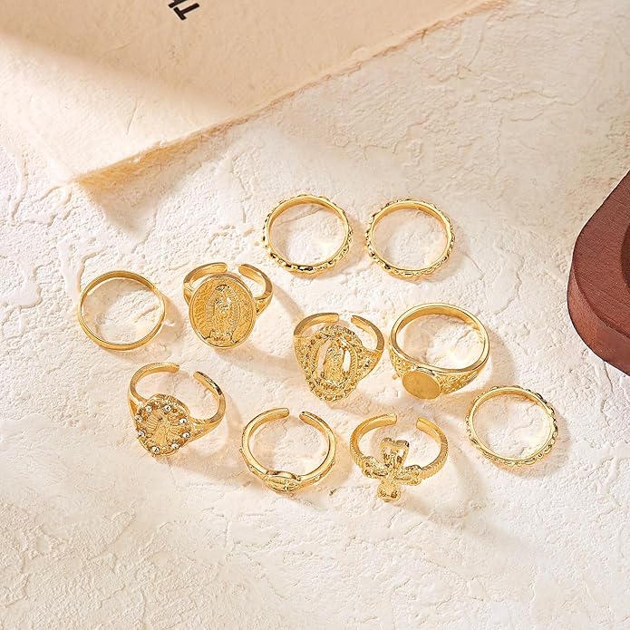 Chunky Gold Rings for Women Rhinestone Stackable Knuckle Ring Set Open Adjustable Statement Ring Set Dainty Crown Cross Midi Rings Fashion Jewelry Gift for Women