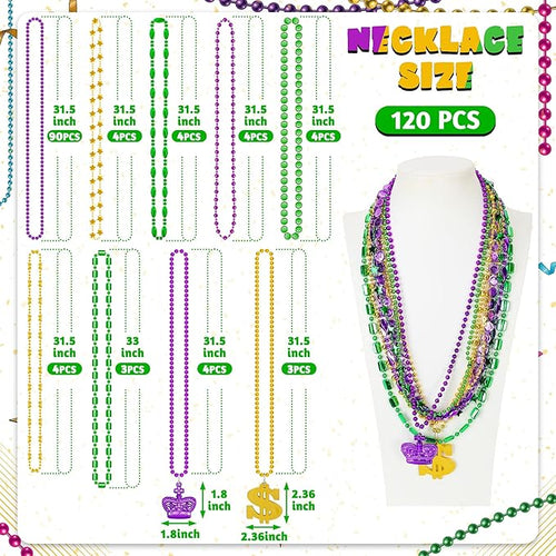 120 PCS Mardi Gras Beads Necklace Bulk, 9 Styles Mardi Gras Accessories, Purple Gold Green Mardi Gras Beads Necklaces for Mardi Gras Parade Throws Masquerade Costume Party Decorations