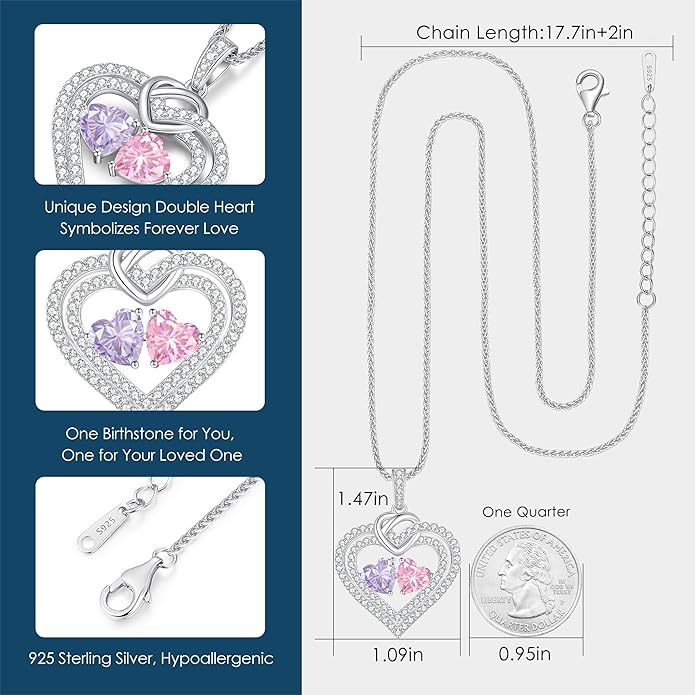 LOUISA SECRET Sparkling Double Heart Birthstone Necklaces for Women, 925 Sterling Silver Fine Jewelry, Pendant Heart Necklaces Birthday Anniversary Christmas Gift for Women Wife Mom Girlfriend Lady