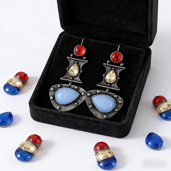 Multi-Color Gemstone Drop Earrings, Dangle Style, Hook Design