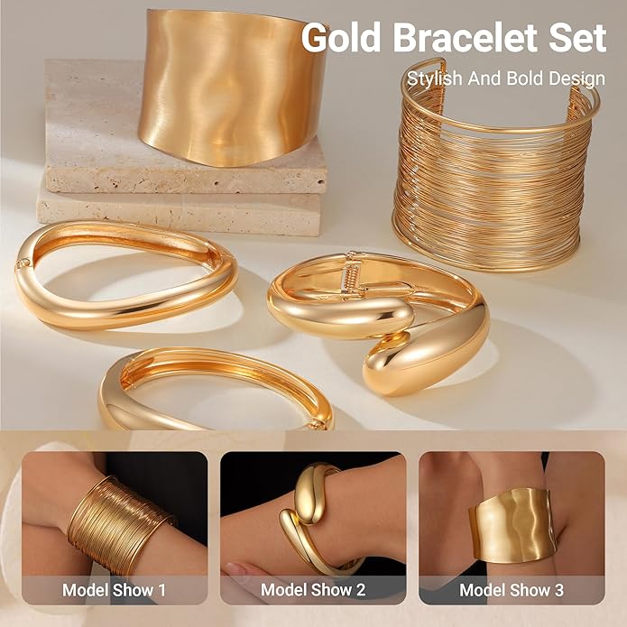 Chunky Gold Bangle Bracelets for Women, Premium Zamak 3 Alloy with 14K PVD Vacuum-Ion Plating & Electrophoretic Finish, Ideal for Parties, Weddings, Christmas & Valentine’s Day Gifts