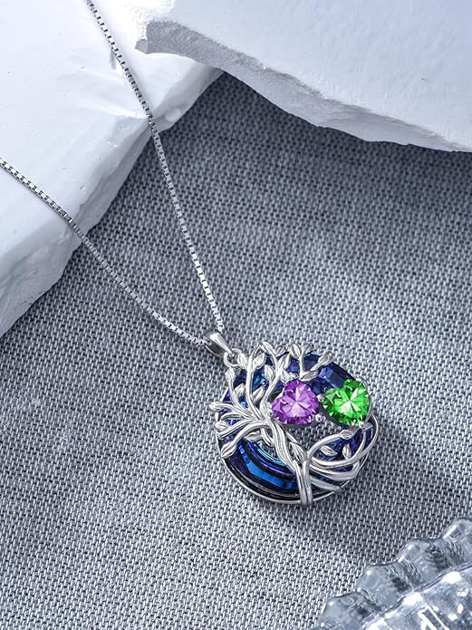 TOUPOP s925 Sterling Silver Family Celtic Tree of Life Pendant Necklaces with 2 Heart Birthstone with Blue Austrian Crystal Jewelry Birthday Valentines Day Gifts for Her, Anniversary Christmas Gifts for Wife Girlfriend Mom (18K Real White Gold Filled)