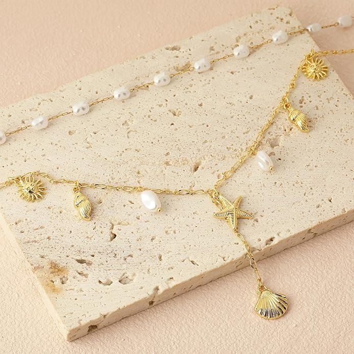 Shell Charm Necklace For Women Stack Seashell Pearl Dainty Starfish Beach Layered 14k Gold Plated Pendant Summer Boho Jewelry Gifts
