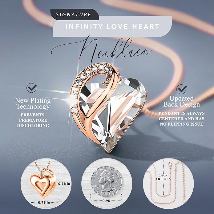 Leafael Rose Gold Plated Necklace for Women: Heart Shaped Birthstone/Healing Crystals Center, Dazzling Cubic Zirconia, Hypoallergenic Chain (18"+2"), Jewelry Gifts for Anniversaries and Birthdays