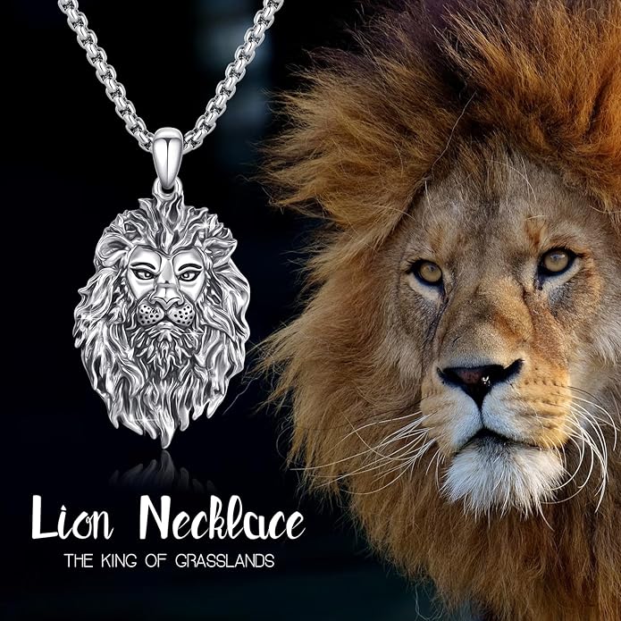 Cuoka Lion Necklace for Men Women S925 Sterling Silver King Retro Punk Gothic Hip Hop Rock Animal Lion Head Pendant Charm Jewelry Chain Necklace Viking Protection Amulet Necklaces