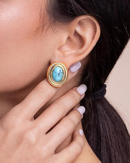 18K gold plated Medium Oval Button Chunky Statement Earrings for Women by SNGIA, (Turquoise, Carnelian, Aventurine, Amethyst, Malachite, Cat Eye, White, Cream) Bold Handmade Colored (Red, Blue, Green, White, Cream, Purple) Exaggerated Dome Retro Rounde...