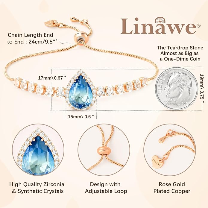 Linawe Crystal Imitation Diamond Rhinestone Charm Bracelets for Women, Gold/Silver/Rose Gold Adjustable Chain Bracelet, Teardrop Birthstone Cubic Zirconia Prom Costume Wedding Jewelry