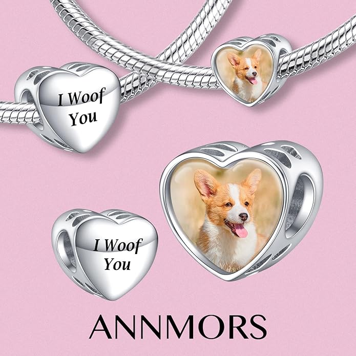 Annmors Personalized Photo Charms For Bracelets/Necklace 925 Sterling Silver Love Heart Shaped Engraved Customize Picture Gift for Birthday Mother's Day,Bead Charms Jewelry for Women