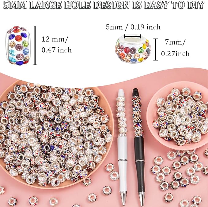 200 Pieces European Large Hole Spacer Beads, Colour European Craft Beads Rhinestone Lampwork Beads Fairy Garden Beads for DIY Charms Bracelet Necklace Earring Jewelry Making Supplies