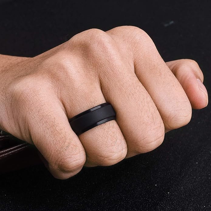 Egnaro Men's Rings 8.5mm Wide-2mm Thick Inner Arc Ergonomic Breathable Rubber Wedding bands-Hypoallergenic for Gym/Outdoor/Gift((1-7 Variety Pack with Half Size)
