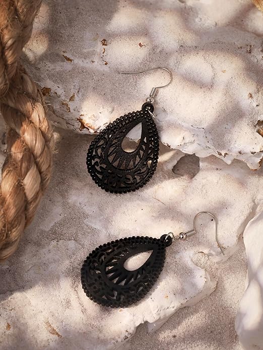 MINACHI Bohemian Hollow Cut-Out Wood Leather Dangle Drop Earrings, Boho Chic Hippie Statement Jewelry Gift for Women