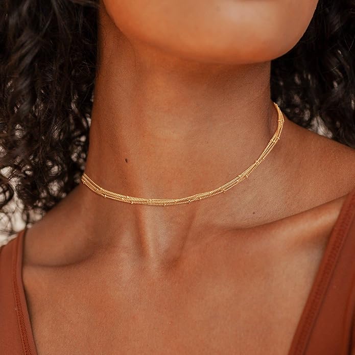 CHESKY 14k Gold Plated/Silver Plated Dainty Necklace for Women, Trendy Satellite Choker Necklace Thin Beaded Layered Choker Necklaces Discs Paperclip Chain Necklaces Womens Simple Jewelry