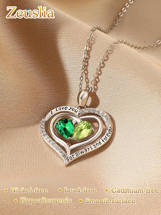 Valentine's Day Gifts for Wife 925 Sterling Silver Double Birthstone Pendant Necklaces I Love You for Always and Forever Necklace Anniversary Birthday Gifts for Wife Girlfriend Mom Her