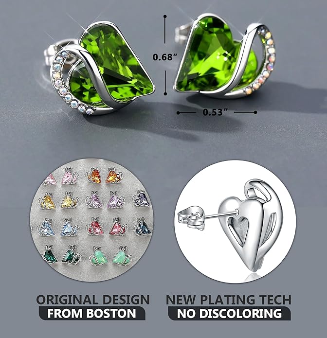 Leafael Infinity love Heart Birthstone Stud Earrings for Women, Valentine's Day Gifts for Mom, Wife, and Her, Silver Plated Birthday Jewelry