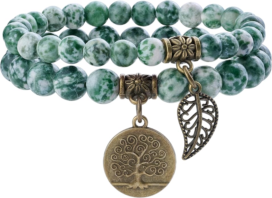 Bivei Natural Semi Precious Gemstone beads bracelet for women - Life Tree and Leaf Charm Energy Reiki Crystal Stretch Bracelets