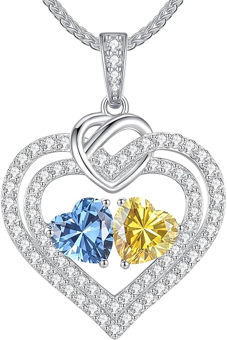 LOUISA SECRET Sparkling Double Heart Birthstone Necklaces for Women, 925 Sterling Silver Fine Jewelry, Pendant Heart Necklaces Birthday Anniversary Christmas Gift for Women Wife Mom Girlfriend Lady