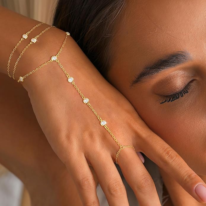 CHESKY 14K Gold Plated Hand Chain Bracelets for Women Set - Dainty Finger Ring Bracelet Stack Adjustable Hand Chains Durable Beaded Bracelets Trendy Simple Body Jewelry Gift for Women