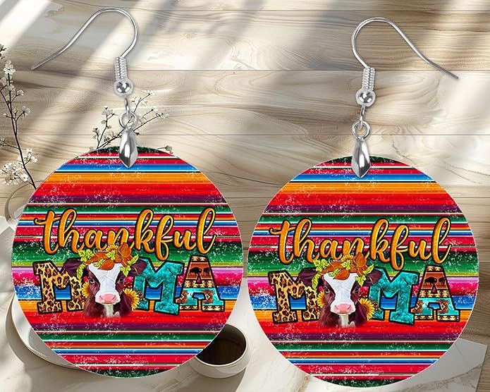 Round Wood Earrings Light Weight Printed Image Dangle Jewelry