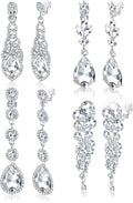 Jstyle 4 Pairs Silver Clip on Earrings for Women Elegant Rhinestone Clip on Earrings Dangle Drop for Brides Bridesmaids Non Pierced Earrings Set