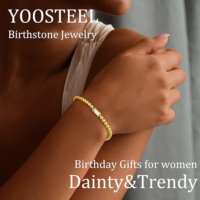 Yoosteel Valentines Gifts for Her Kids Girls - Valentines Day Bracelets Dainty Birthstone Bracelet for Women Elastic 14K-Gold-Plated Bead Bracelets Trendy Friendship Birthday Jewelry Gift for Teenage Girl Women