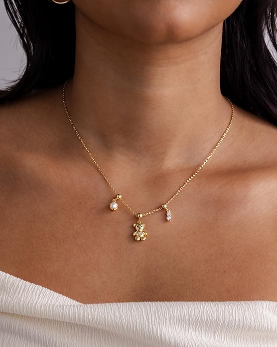 PAVOI 14K Gold Plated Dainty Necklace with Charms Set - Hypoallergenic Adjustable Chain Gold Charm Necklace for Women - Small Motif & Mantra 2 and 3-Pack Removable Pendants - Cute Jewelry Gifts