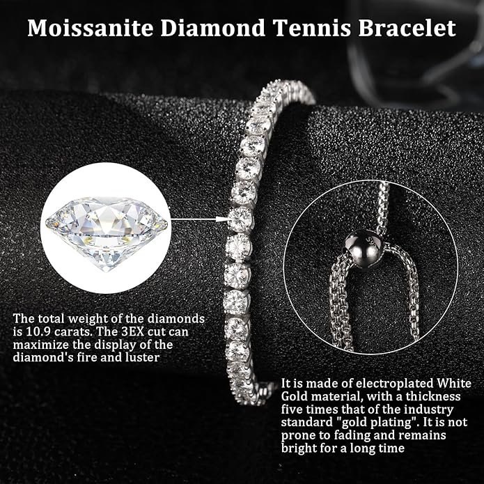 4MM Moissanite Tennis Bracelet for Women, 10.9 ct Adjustable Moissanite Bracelets, 925 Sterling Silver White/14k Gold Plated, Luxury Birthday or Anniversary Jewelry Gift for Her