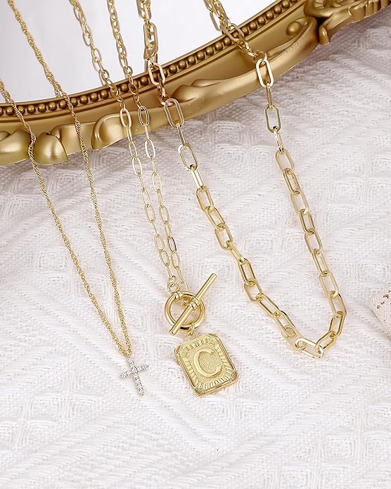 MJartoria Layered Initial Necklaces for Women Trendy, 14K Gold Plated Brass Simple Dainty Cross Choker Square Letter Pendant Necklace, Paperclip Chain Necklaces Jewelry