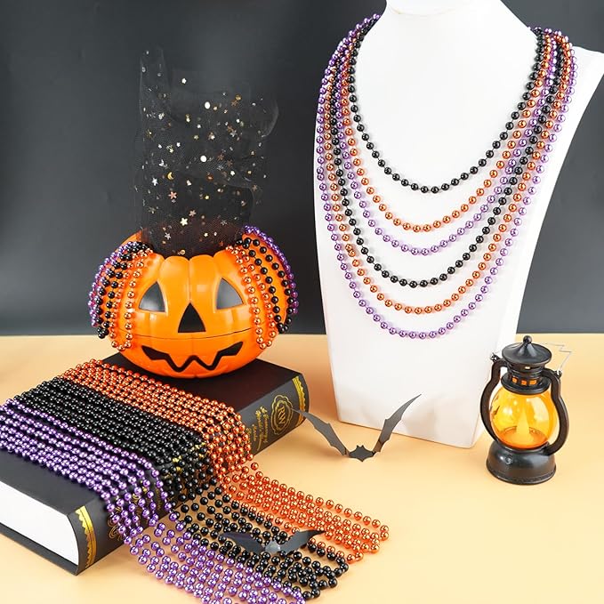 ZYFLSQ 100PCS Halloween Beads Necklace, 33" 7mm Halloween Necklaces Bulk, Metallic Beaded Necklaces, Halloween Parade Throws Accessories, Party Favors Decorations (Purple/Black/Orange)
