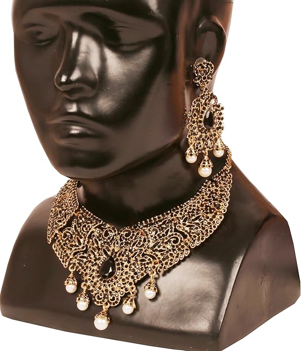 Touchstone Indian jewelry sets for women tikka wedding necklace costume guest statement bollywood rhinestones crystal faux pearls gold big royal neck piece set bridal fashion accessories