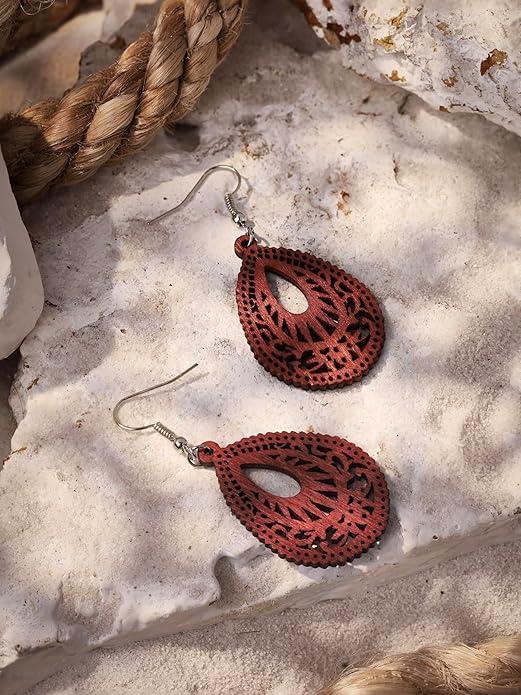 MINACHI Bohemian Hollow Cut-Out Wood Leather Dangle Drop Earrings, Boho Chic Hippie Statement Jewelry Gift for Women