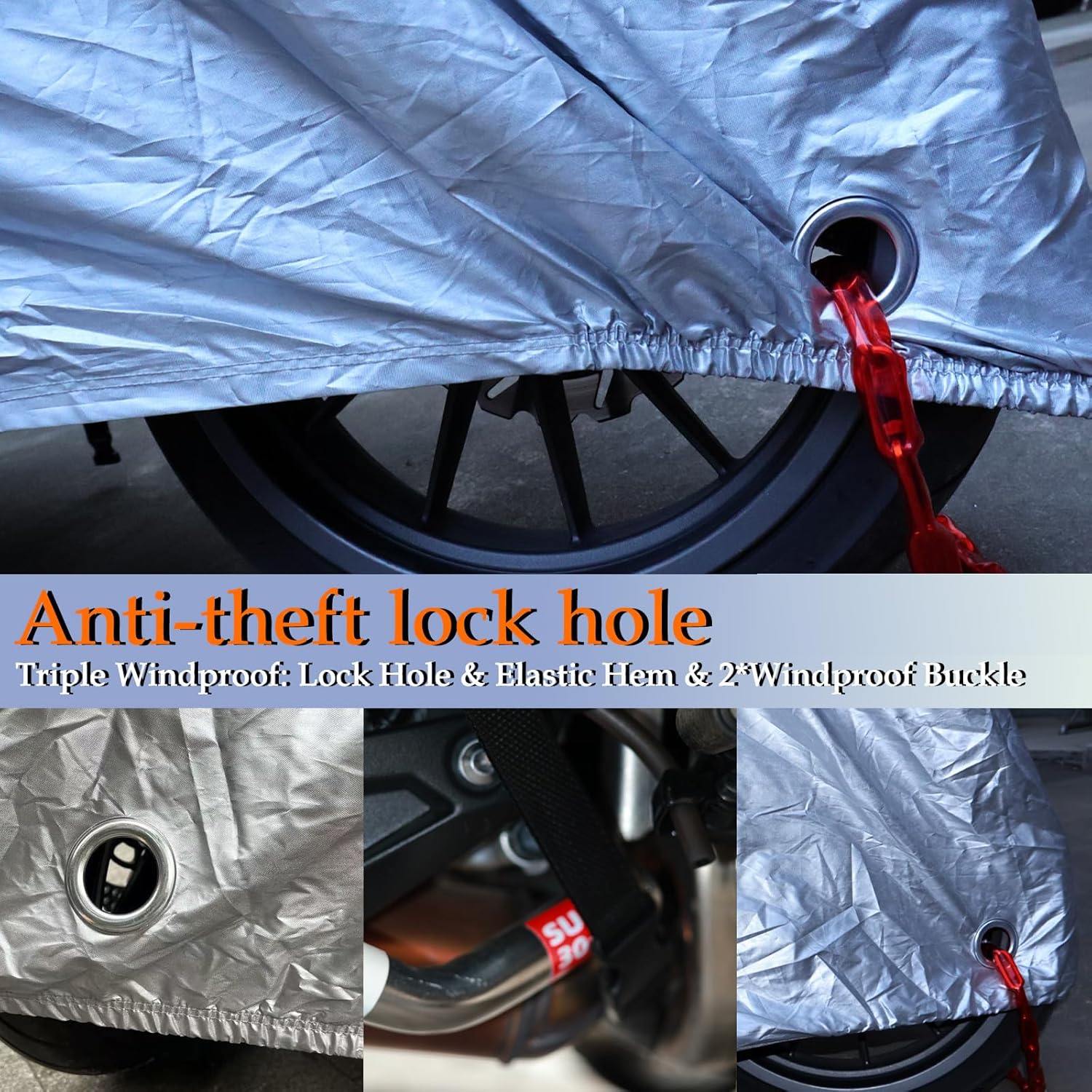 Motorcycle Cover, 210D Oxford Cloth, with Reflective Stripes, Waterproof Outdoor Protection, All-Weather Universal car Cover, with Lock Holes and Storage Bag. (Black Silver, 104")