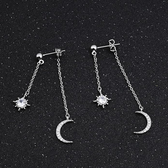 Moon and Star dangle Earrings for Women Chain Tassel with Cubic Zirconia Drop Celestial Jewelry for Wedding Gift