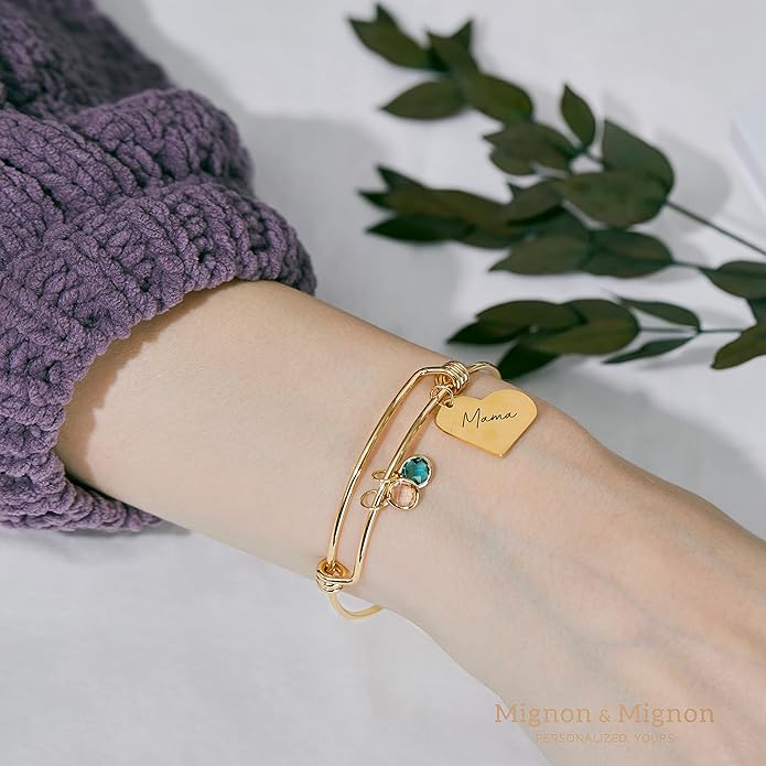 MignonandMignon Heart Birthstone Bracelet Personalized Gift for Her Family Birthstone Jewelry Customized Bangle - ABR-LH-BS