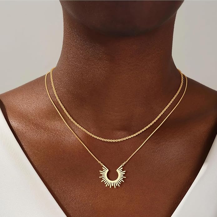 CHESKY Layered Necklaces for Women Trendy, Dainty 14k Gold Plated Pendant Necklace Layering Necklace for Women Non Tarnish Hypoallergenic Sun Gold Necklace Stack Gold Jewelry for Women Gifts