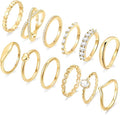 FAXHION 12 PCS Dainty 14K Gold Rings for Women, Eternity Open Chunky Twist Simulated Diamond Criss Cross Designs, Non Tarnish Gold Plated Stacking Thumb Ring, Perfect for Wedding Bands Size 5-11