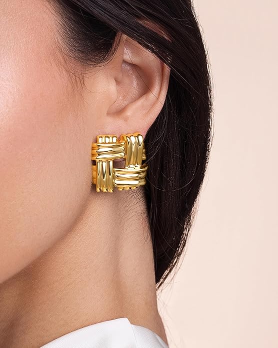 SNGIA18K Gold Plated Dangle Textured Ribbed Irregular Large Leaf Statement Earrings for Women by SNGIA, Handmade Dramatic Geometric Trendy Summer Drop Leaf Flower Jewelry Gifts, Bold Beachy Vintage Plant Fashion Drop Accessories, Vintage Nickle Free Fl...
