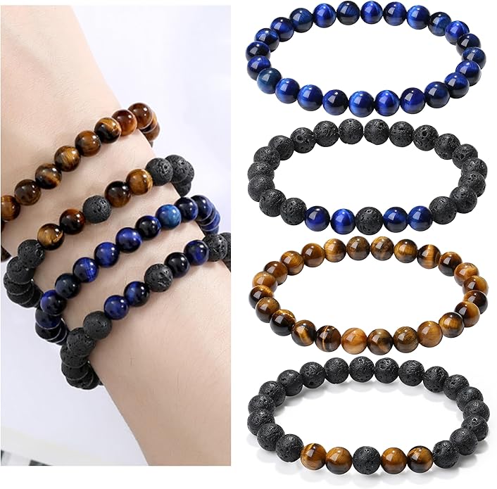 XIANNVXI Natural Stone Beads Bracelet for Men Crystal Bracelets 8MM Tiger Eye Lava Rock Obsidian Beaded Bracelet Set Black/Red/Blue Crystal Beaded Bracelets for Men