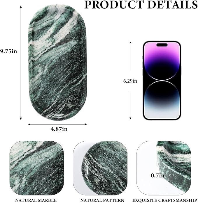 Green Marble Tray for Bathroom Countertop, Stone Jewelry Dish Candle Holder for - Image 2